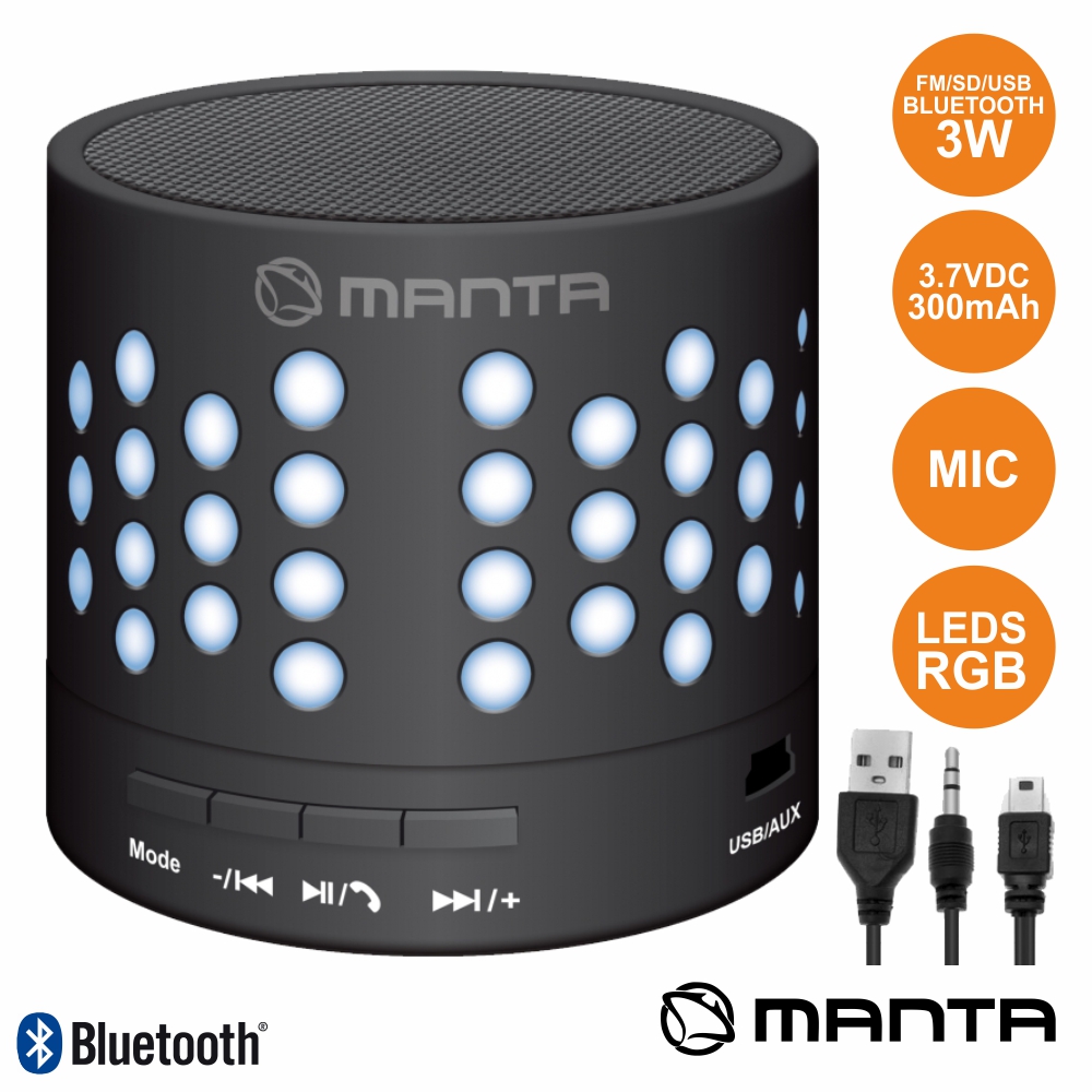 Coluna Bluetooth Portátil Metálica 3w Usb/Sd/Aux/Fm/Bat/Mic - Manta